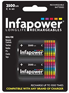InfaPower Rechargeable Ni-MH C Batteries - Pack of 2