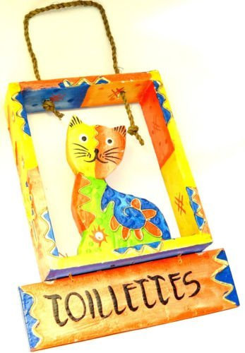 Bali Papaya - Cartello per WC con targa in legno, gatto, artigianato, toilette, gatto, segnale umoristico