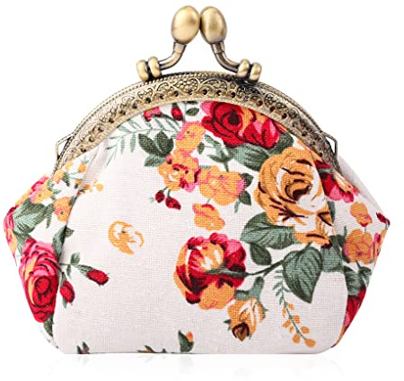 Oyachic Porte-Monnaie Femme en Toile Kiss Lock Coin Purse Portefeuille CLIC CLAC Retro Vintage Poche à Monnaie Motif de Fleur Rose (Blanc)