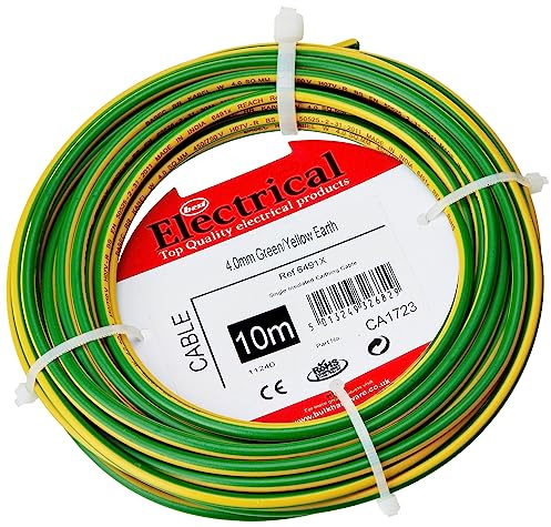 Merriway BH01516 Single Core Round Earth Cable, 6491X 4.0mm Yellow & Green, 10 Metres (33 feet)