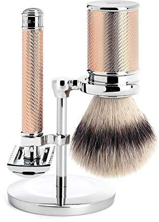 MÜHLE Traditional Rasierset - verchromtes Metall rot vergoldet - Rasierhobel offener Kamm - Rasierpinsel Silvertip Fibre