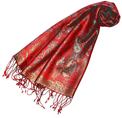 Lorenzo Cana - Seidenschal Damen Schal 100% Seide jacquard gewebt harmonische rot Farben mit Fransen 35 cm x 160 cm Paisley Muster Seidentuch fuer Frauen 78186