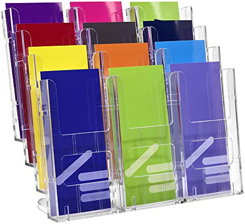 Tischprospekthalter DIN Lang (99x210mm) Hoch / 12 Fächer/transparent | Für Flyer und Prospekte in 99x210 mm, 23mm Fülltiefe je Fach, freistehend, transparent