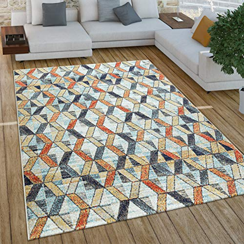Paco Home Wohnzimmer Teppich Kurzflor Boho Vintage Design Geometrische Muster Used Look Industrial Style, Grösse:120x170 cm, Farbe:Bunt