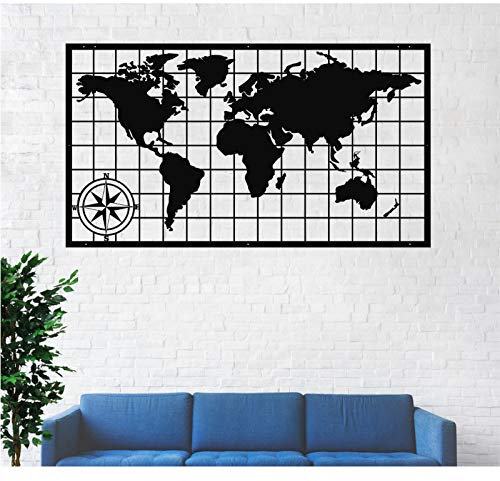 Metall-Weltkarte mit Kompass, Weltkarte Kontinente, Metall-Wanddekoration, Metallschild, Wandbehang (100 x 56 cm)