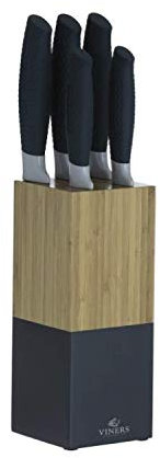 Viners Horizon Knife Block Set of 6-Piece, 5 Kitchen Knives and Bamboo Knife Holder, Chef, Santoku, Carving, Utility and Paring Knives, Indigo, Stainless Steel, 0305.194