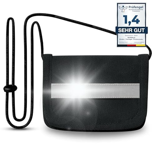 Berninja Geldbeutel mit Sichtfenster zum Umhängen Kinder-, Schüler -Portemonnaie, Brustbeutel, mit Reflektor Streifen für Jungen und Mädchen Portmonee (Schwarz)