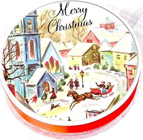 Vintage Traditional Christmas Snow Scene cake Topper - Edible Icing or Wafer - 7.5 Round - Retro Victorian (Wafer)