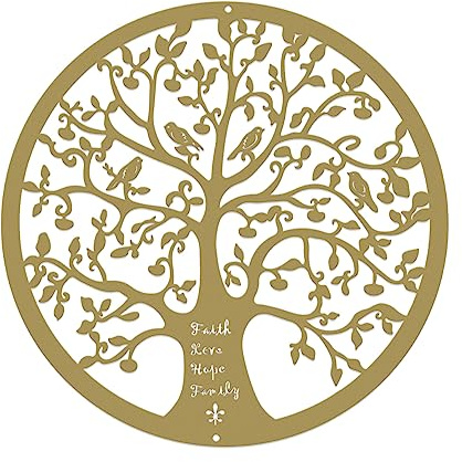 ESTART Árbol de la vida de metal de 11 pulgadas, decoración de pared, árbol genealógico con pájaros en rama, decoración artística para colgar en la pared, jardín, oficina y granja (gris dorado)