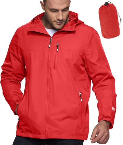 Outdoor Ventures Men's Waterproof Jacket Lightweight Windproof Rain Coats | 10000mm Packable Windbreaker, Mesh Lining, Breathable Armpits, Hooded, Reflective Jacket for Running Camping Fishing