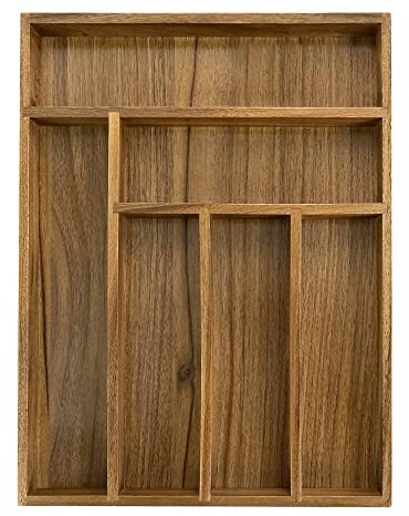 EcoFives Luxury Acacia Kitchen Drawer Organizer - Silverware Organizer - Utensil Holder and Cutlery Tray with Grooved Drawer Dividers for Flatware and Kitchen Utensils (6 Slot)