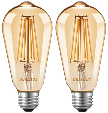 Qualilux Dusk to Dawn Edison Light Bulbs ST19, Vintage Amber Glass, 2300K Amber Warm, 6.5W=60W, Non-Dimmable Auto On/Off Light Sensing LED Filament Bulb Outdoor, 700LM, E26, 2-Pack, HQ-H027