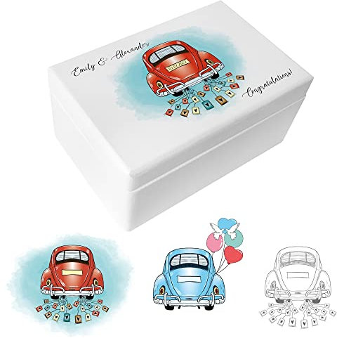 Creative Deco Weiße Geschenk zur Hochzeit | Erinnerungsbox Hochzeit | Personalisiert Geschenkkiste für Brautpaar JGA | Auto Hochzeit Motiv | Holzkiste mit Deckel | Farbdruck | 30 x 20 x 14 cm
