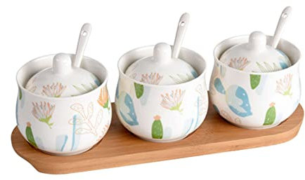 Azucarero de cerámica con tapa, azucarero de porcelana con cuchara, salero pequeño, tarro de almacenamiento, for barra de café, restaurante-blanco-2 juego de tarros ( Color : Flower , Size : 3 Set )