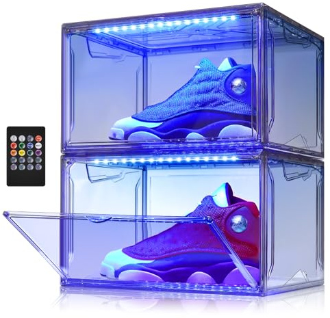 Oltraman LED Schuhboxen Stapelbar, 2er Set, Schuh-Organizer aus Kunststoff, Schuhaufbewahrung Platzsparend, Musik Sound-aktiviert und Fernbedienung, Transparent- grau