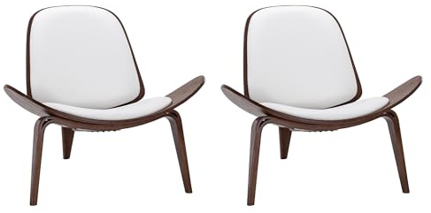 BELLEZE Shell Chairs Set of 2, Armless Mid Century Modern Accent Chairs Faux Leather Shell Lounge Chairs for Living Room Bedroom Office, Tripod Side Chairs with Padded Seat, Solid Wood- Avalon (White)