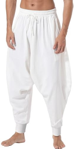 GUDEUBAI Mens Casual Harem Pants Baggy Elastic Drawstring Waist Aladdin Hippie Pant, B-white, XXL