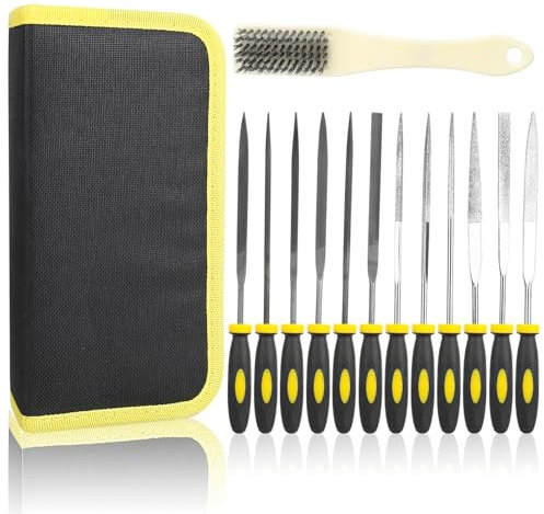 smtfcty Feilen Set 13 tlg Feilenset Metall und Holz mit Aufbewahrungstasche inkl Nadelfeilen, Schlüsselfeilen, Diamant Feilen,Drahtbürste für universelle Schrupp und Schlichtarbeiten geeignet