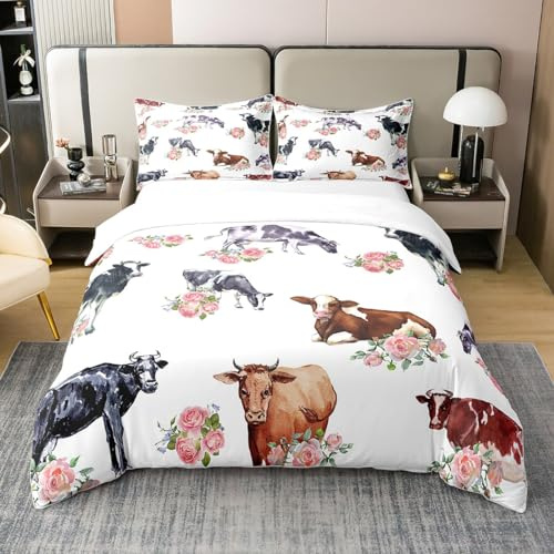 Homewish - Juego de cama de 220 x 240 cm, color blanco y negro, 100 % algodón, diseño de animales de granja, flores de vaca, lecheras, color negro y blanco