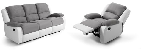 Loungitude - DETENTE - Canapé de Relaxation, Ensemble 3 +L1 Places - Manuel - en Simili/Microfibre - Gris/Blanc