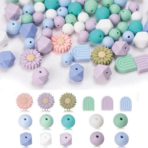 Generic Silikonperlen-Set, 76 Stück, Gänseblümchen-Gummiperlen zum Basteln, Schmuckherstellung, Schlüsselanhänger, Armband, Halskette (Farbe 4)