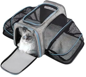 Transporttasche Katze und Hund, Seiten Erweiterbar Transportbox, Faltbare Tragetasche für Katzen Kleine Hunde, Katzen Hundetasche Haustiertasche im Auto, Fugzeug oder in der Bahn (Grau+Blau)