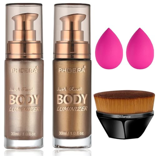 PHOERA Körper schimmer öl, Bronzer, Body Glow Highlighter Luminizer mit Make-up-Pinsel, Selbst bräunungs lotion(101+103/ Roségold + Glitzernde Bronze)