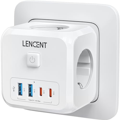 LENCENT Cubo Enchufe USB 7 en 1, Ladron Enchufes 4000W, Cubo Enchufes Múltiples Pared con 3 Tomas de CA, 2 USB-A, 2 Tipo-C y Interruptor, Cargador para Oficina, Cocina y Habitación, Blanco
