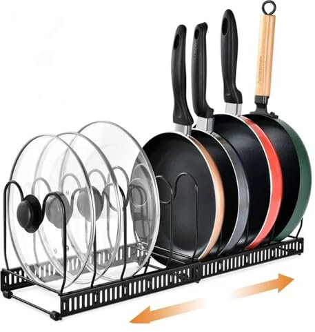KOTKMSXTSW Organisateur de casseroles et poêles extensible pour armoire, support de casseroles pour le rangement de la cuisine, support de couvercle de casserole, noir avec 10 séparateurs réglables