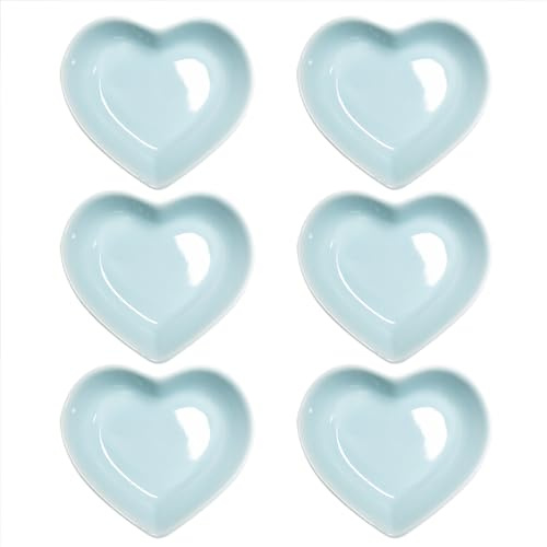 Pirhosigma 6 pcs Light Blue Heart Shaped Porcelain Soy Sauce Dish Snack Bowl Ceramic Dip Dipping Bowls 1.65 oz for Dinner Baking BBQ and Cooking