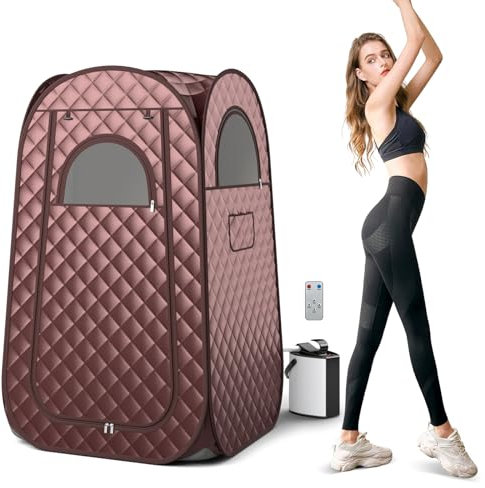 COSTWAY Portable Sauna Steam for Home, Folding Full Body Sauna Tent Steam Room with 3L Steamer Generator, Remote Control & Chair, Pop-Up Personal Home Sauna Pod Box for Therapy Detox Slimming (Coffee)