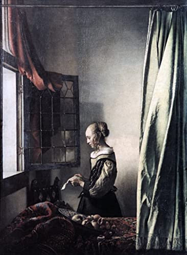 MNMSBFXQ Ölgemälde Leinwandbilder Bild Poster Kunstdrucke Mädchen liest einen Brief am offenen Fenster von Jan Vermeer Van Delft Drucken Ölgemälde für Wanddekoration 60x90cm