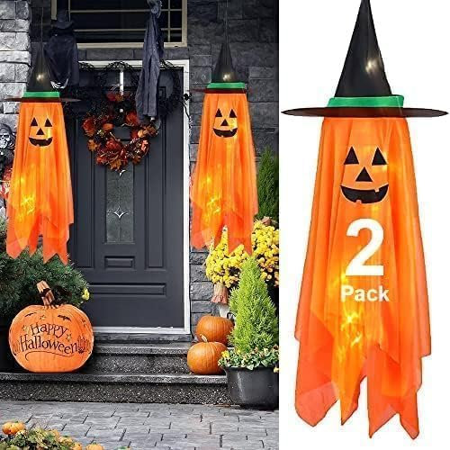 Halloween Decorations, 2 Pack Orange Pumpkin Wizard Hat with Lights Pre-Installed Pumpkin Ghost Ghosts Witch Hanging Ornaments Decor for Home Party Garden Indoor Outdoor nanguadiaoshidaideng