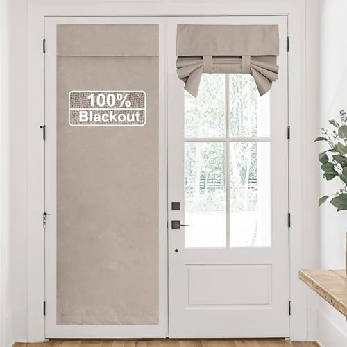 RYB HOME Linen Door Curtain 100% Blackout French Door Curtain for Glass Window, Fully Light Blocking Privacy Window Drapes Lightweight Tie up Shade, W 26 x L 69, Sand, 1 Panel