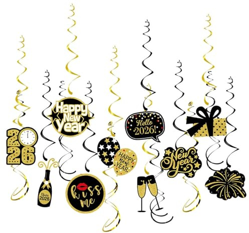New Years Eve Decorations 2027 Hanging Swirls, Happy New Year Decoration Swirl Streamers, Cheers 2027 NYE Party Decorations Supplies for Home Garden Shop Indoor Outdoor (Black Gold)