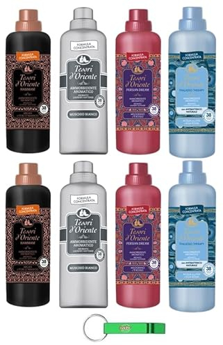 Testpaket Tesori d'Oriente Flüssigkeit Weichspüler, Fabric Softener Weißer Moschus Hammam Persian Thalasso 8 x 760ml + Beni Culinari Kostenloser Schlüsselanhänger