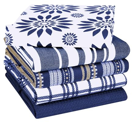 CottonCove Assorted Kitchen Towels Large 40x66 cm 100% Cotton Set of 5 - Soft Absorbent Washable Tea Towels for Kitchen - Dish Cloths with Hanging Loop - Quick Drying Dish Towel Blue
