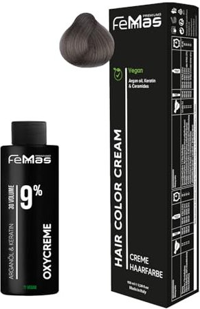 Femmas Set di colori per capelli biondo chiaro cenere 8.1 I Hair Color Cream 100 ml + Oxycreme 100 ml 9% I Colorazione permanente per capelli + sviluppatore, delicato e duraturo, colore per capelli