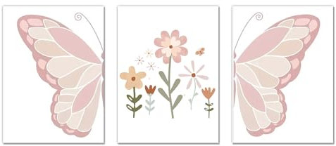 champracer Rosa Blumen Schmetterling Wandbilder Kinderzimmer Deko Aquarell Bilder kunstdrucke Leinwandbilder Babyzimmer Wanddeko Mädchen Kinderbilder, Ohne Rahmen (40x50 cm,Rosa)