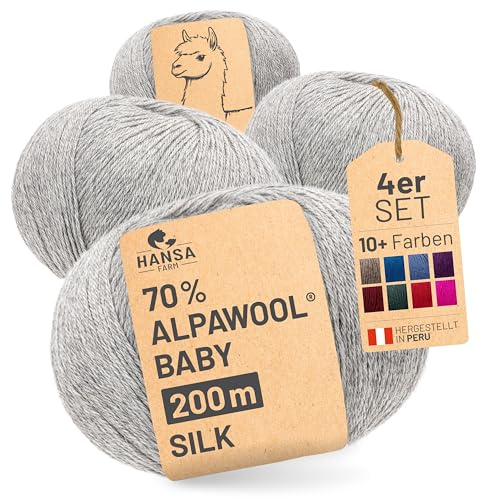 HANSA-FARM |Alpawool 70% Baby Alpaka mit 30% Seide 200g Set (4 x 50g) seidige und kratzfreie Wolle zum Stricken & Häkeln - NFA09 Silbergrau