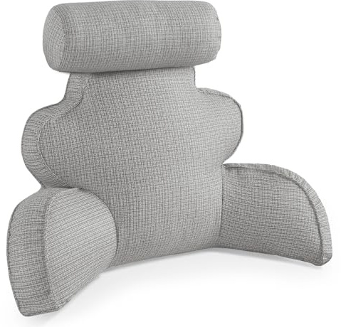LiveGo Lesekissen mit geschreddertem Memory-Schaum, bequemes Rückenlehnenkissen für Erwachsene und Kinder, Bett & Couch, Rückenstützkissen mit Armen und Taschen, waschbarer Bezug zum Sitzen (Hellgrau)