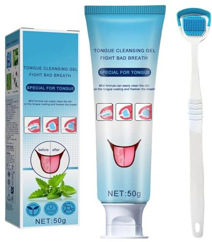 Fresh Mint Tongue Cleaner Gel Kit - Includes Tongue Brush, Scraper - Reduces Bad Breath, Promotes Mouth Health - Classic Design