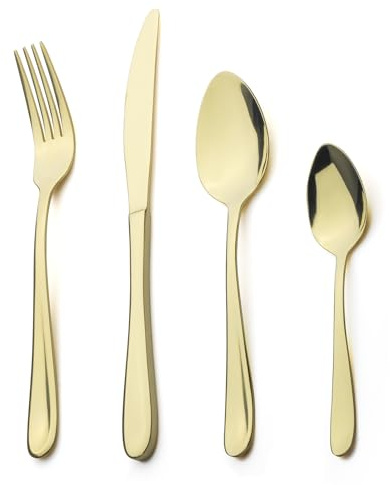 Alata Grand Edelstahl Poliert Champagner Gold Besteck Set 8 Personen, Essbesteck 32 teilig, Glänzend, Spülmaschinenfest