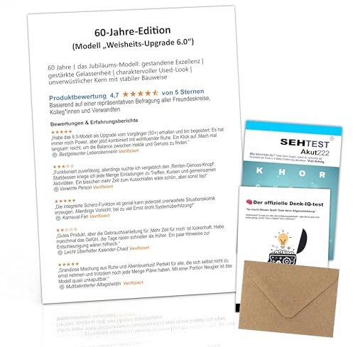 Kackspecht® Lustige 60. Geburtstagskarte DIN A6 – Humorvolle Karte mit Sehtest & IQ-Test, Umschlag inklusive | Witzige Glückwunschkarte für Männer & Frauen