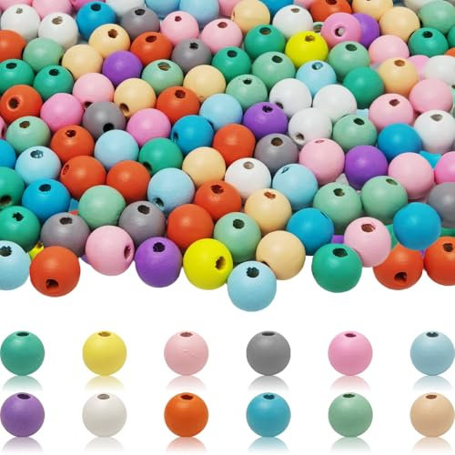 600 Holzperlen Bunt Rund 10mm 12 Farben Zum Auffädeln (Mit Perlennadeln)