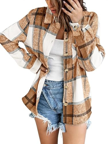 Zeagoo Women's Flannel Shirt Loose Checked Long Sleeve Top Oversized S-XXL