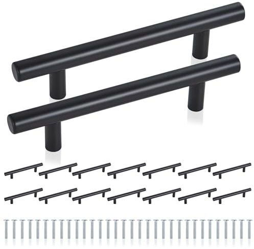 DYHNQE 16 Pack Black Kitchen Handles, 96mm Stainless Steel Cupboard Handle with 32 Pcs Screws T Bar Kitchen Handles Pulls for Cabinet Wardrobe Bathroom