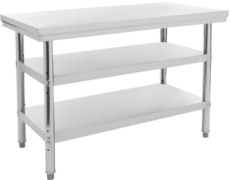 EUAIIPull Tavolo da lavoro da cucina a 3 ripiani, in acciaio inox, capacità di carico 100 kg, con altezza regolabile, 2 cm, per ristoranti, hotel, 120 x 60 x 90 cm