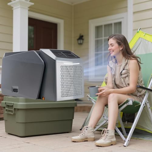 Aire acondicionado portátil para tienda de campaña, 6000 BTU, refrigeración/calefacción, CC 48 V, temporizador de 24 horas/deshumidificación, conducto de escape incluido, uso en interiores y