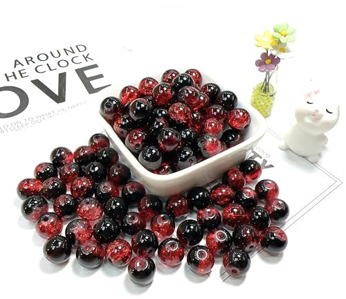100Pcs 10mm Crackle Glass Beads with 2mm Hole - Smooth Round Beads for Bracelet Making, Jewellery Crafting Supplies for Necklaces, Earrings DIY (Red Black)